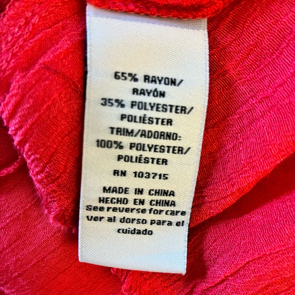Zac & Rachel Vibrant Coral Boho V-Neck Tiered Flowy Peasant / Cottage Blouse - Picture 6 of 12